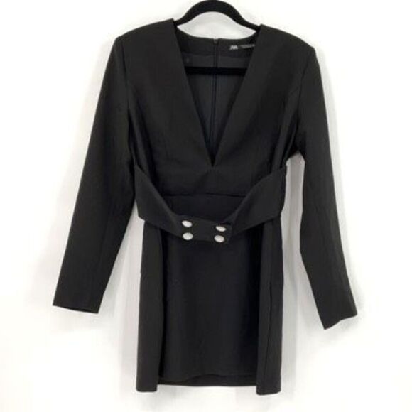 Zara Black Long Sleeve V Neck Belted Mini Dress Size Medium - Picture 2 of 12